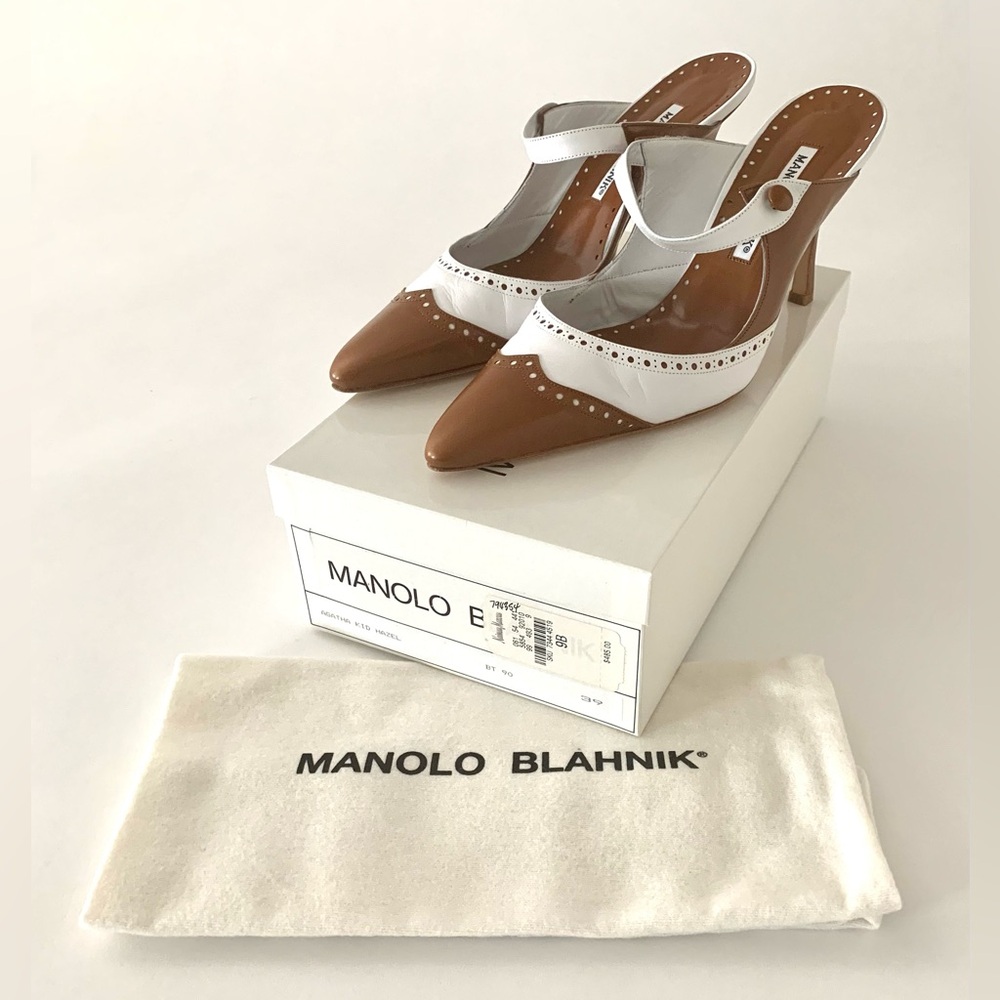 Manolo Blahnik Agatha kid mule in hazel.